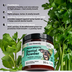 Dientes sanos y encías cuidadas con Pet Honesty Dental Powder y mezcla herbal.