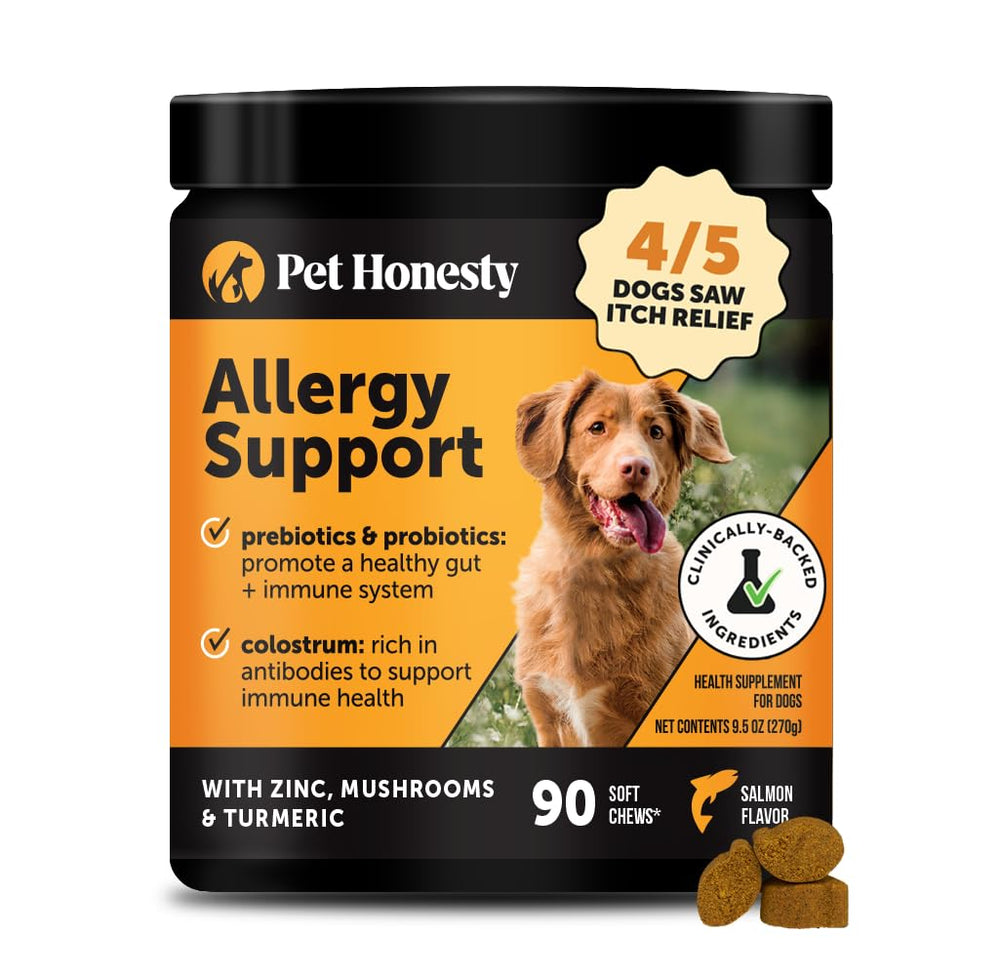 Pet Honesty gomitas alergia perros en envase; posible alivio de picores.