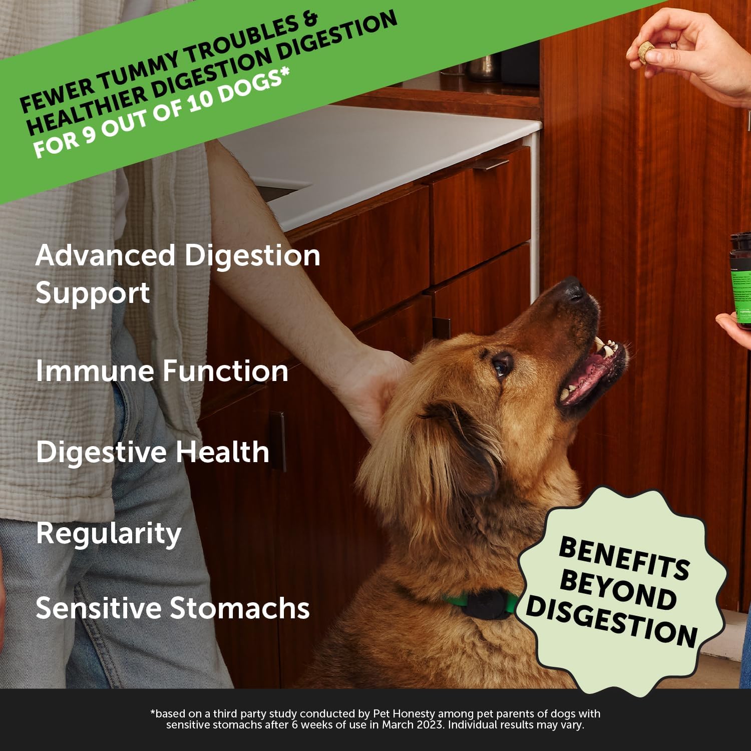 Pet Honesty Max Strength Probióticos, comprimidos masticables con sabor natural, favorecen una digestión agradable.