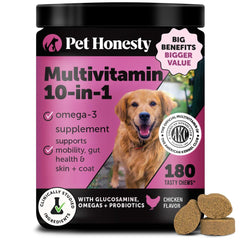 Pet Honesty multivitaminas 10-en-1 para perros, gomitas diarias con beneficios generales.