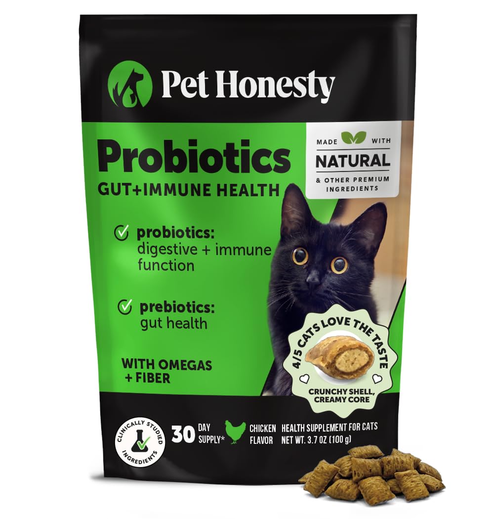 Gato disfrutando Pet Honesty probióticos crujientes-cremosos para digestión suave.