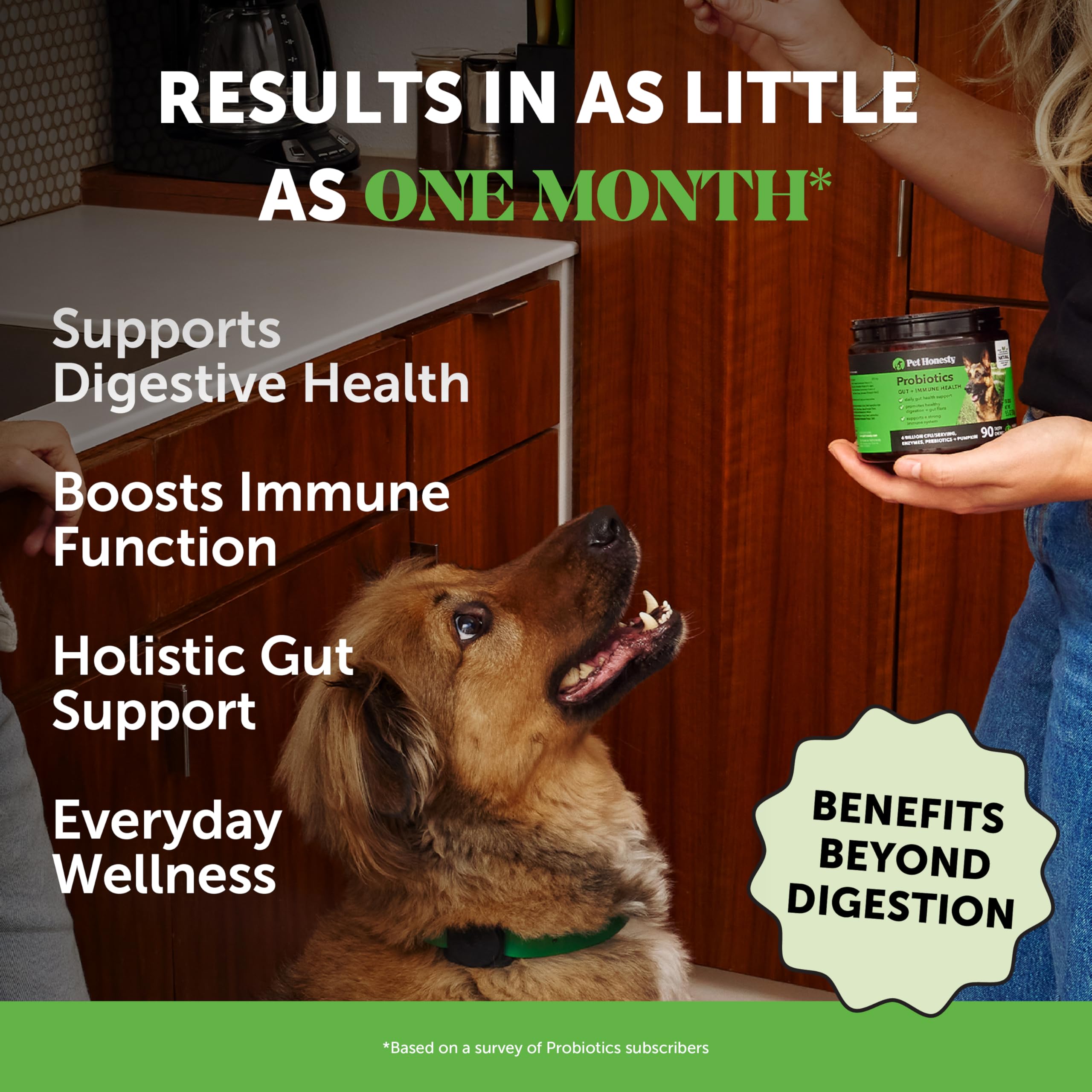 Pet Honesty probióticos para perros, masticables, favorecen energía y bienestar diario.