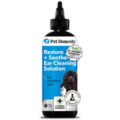Pet Honesty Restore + Soothe: botella frontal, calma irritación y reduce mal olor en oídos de perros.