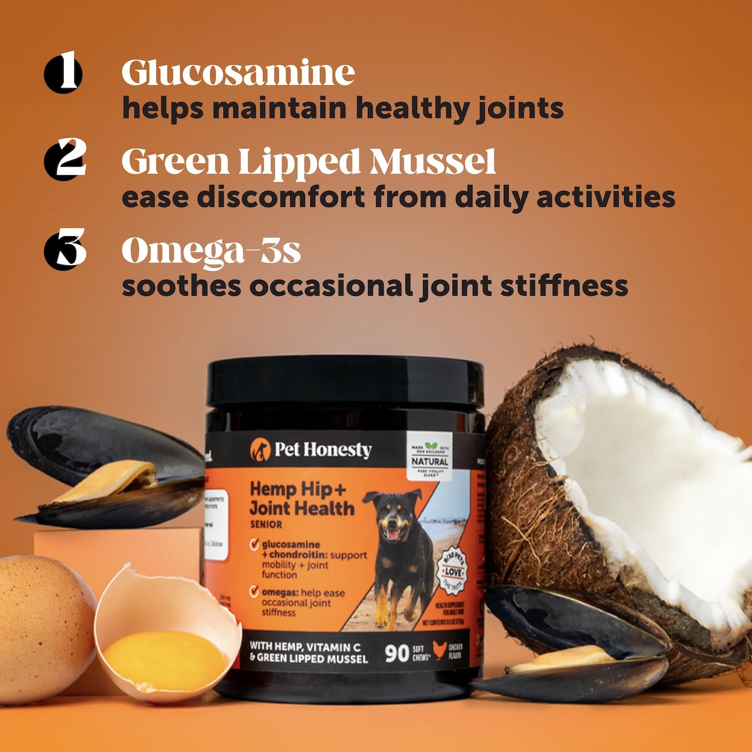 Pet Honesty Senior Hemp ingredientes-clave glucosamina: soporte para articulaciones.