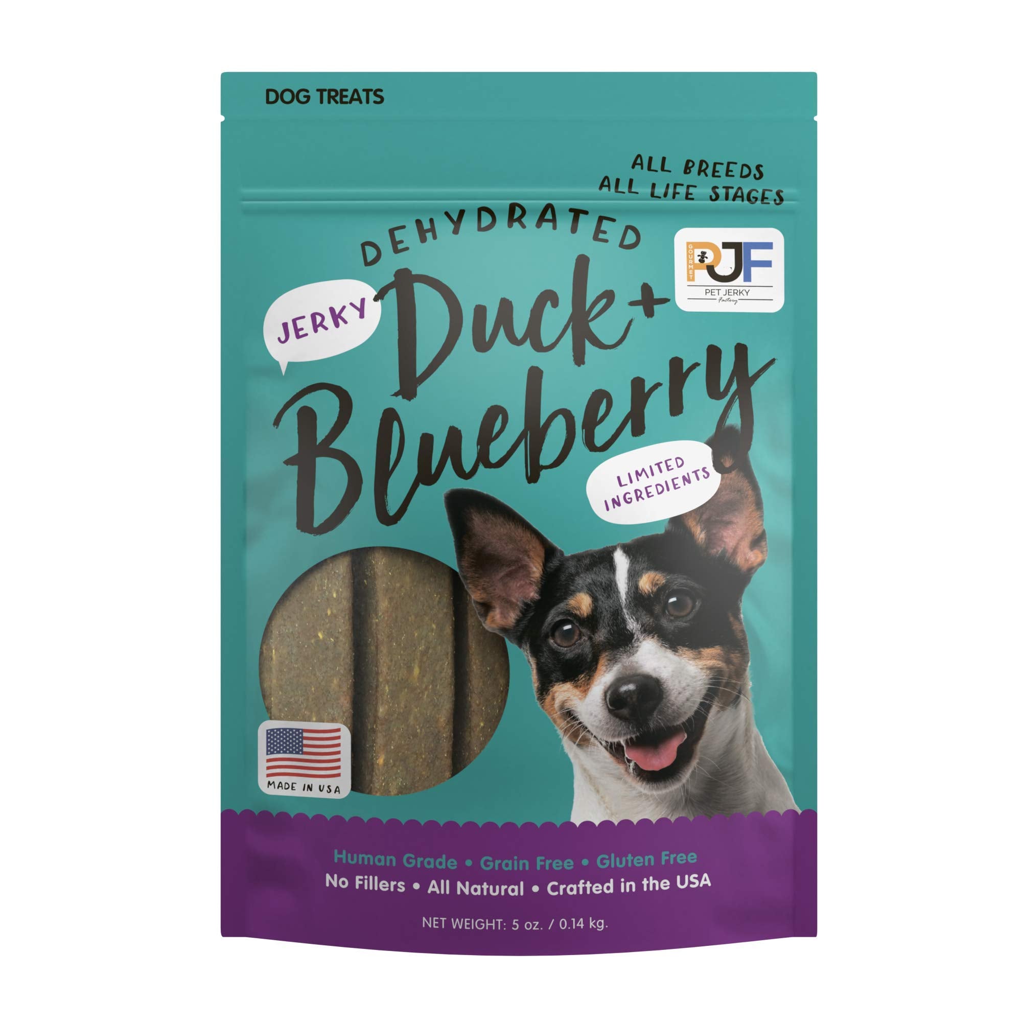 Pet Jerky Factory pato-arándano 5oz: snack premium de proteína para perros