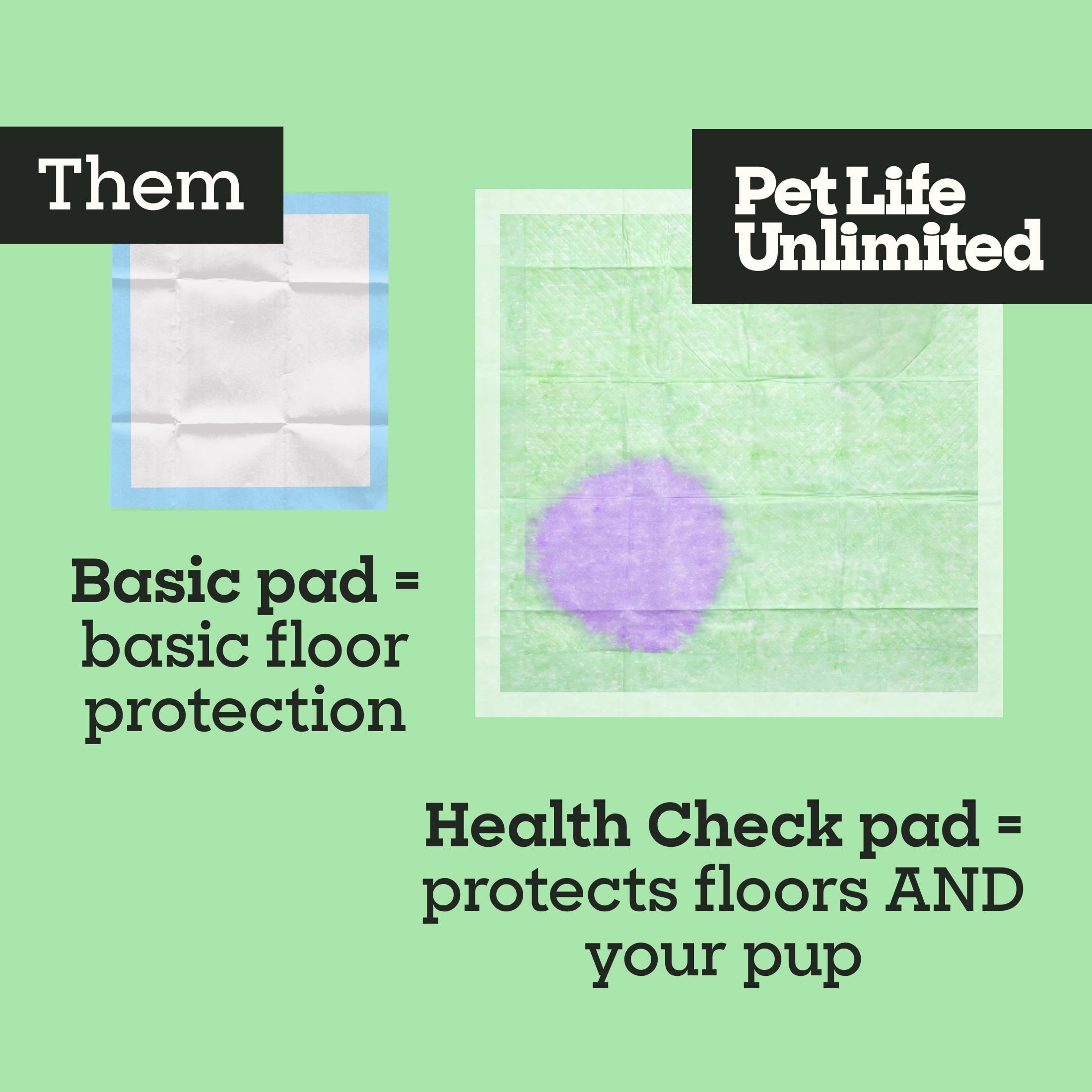 Pet Life Unlimited cara verde arriba indica uso diario para monitorear salud urinaria.