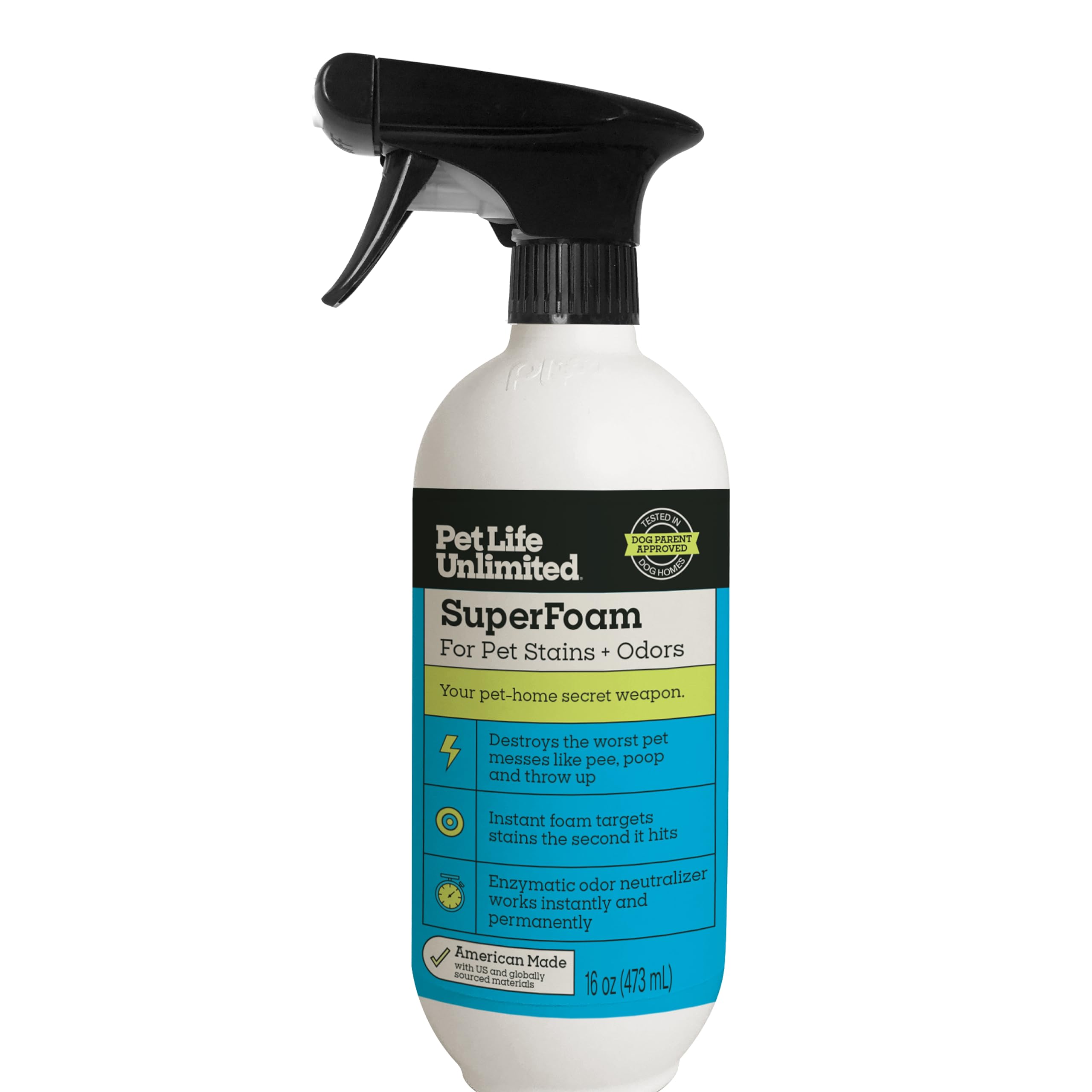 Pet Life Unlimited SuperFoam Spray, aplicación directa para suelos, elimina manchas difíciles.