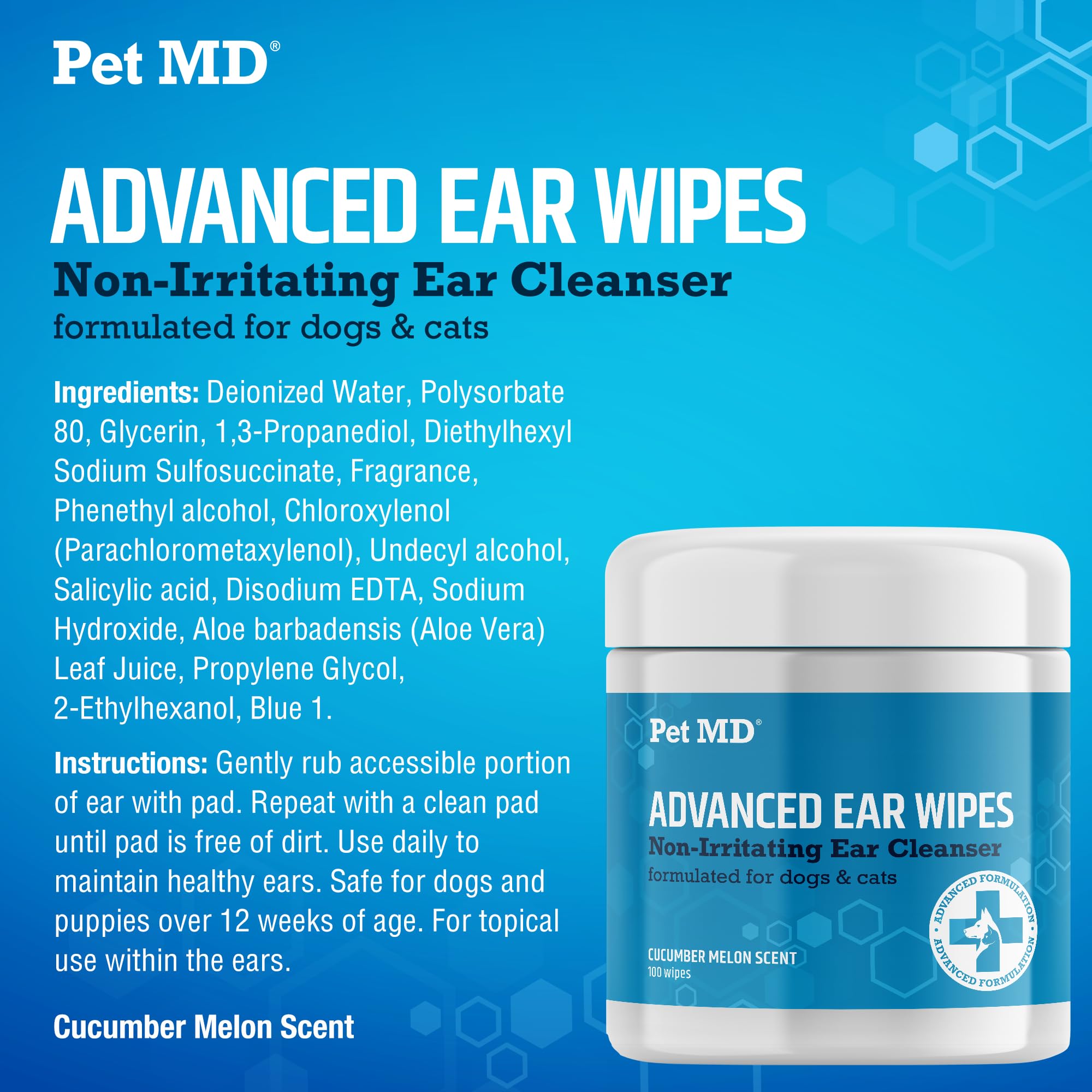Pet MD advanced formula, deodorizes dirt and wax buildup.