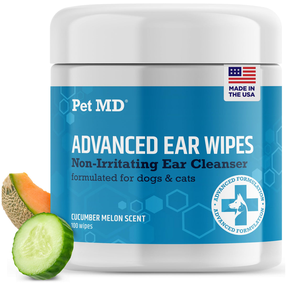 Pet MD ear cleaner wipes close-up for quick ear maintenance.