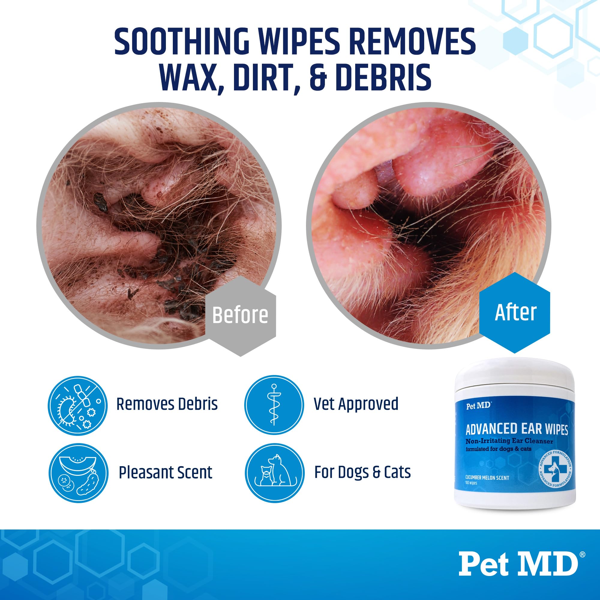 Pet MD cucumber melon scent ear wipe for odor reduction.