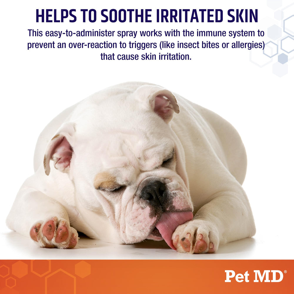 Pet MD hidrocortisona spray dermatitis alivio rápido para piel irritada de mascotas.