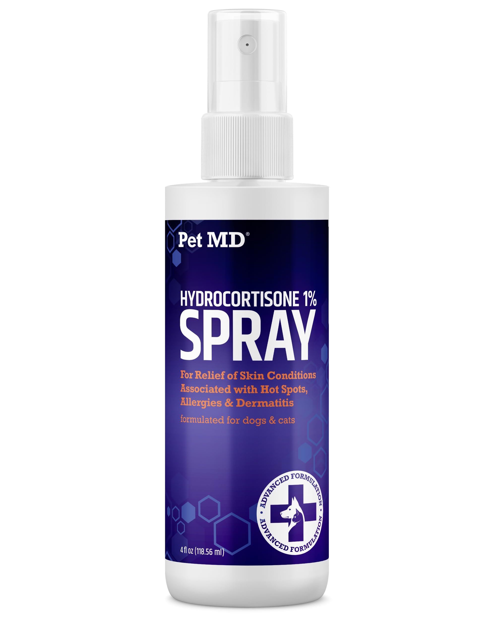 Pet MD hydrocortisone spray bottle closeup, ready for fast itch relief.