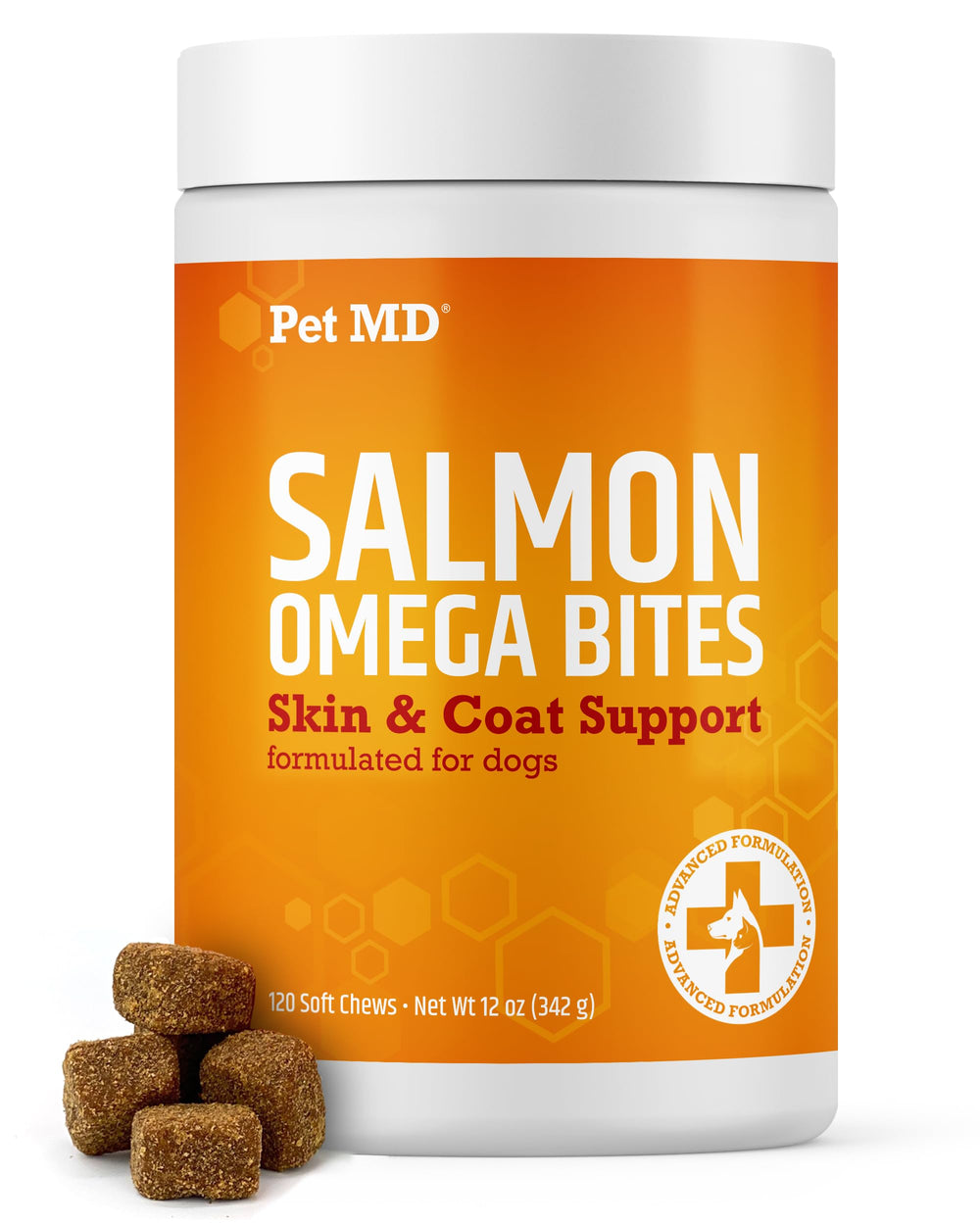 Pet MD Salmon Omega Bites: empaque para perros, fácil de incorporar a la rutina diaria.