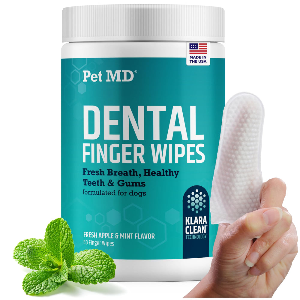Pet MD toallitas dentales en dedo para aliento fresco y cuidado diario.