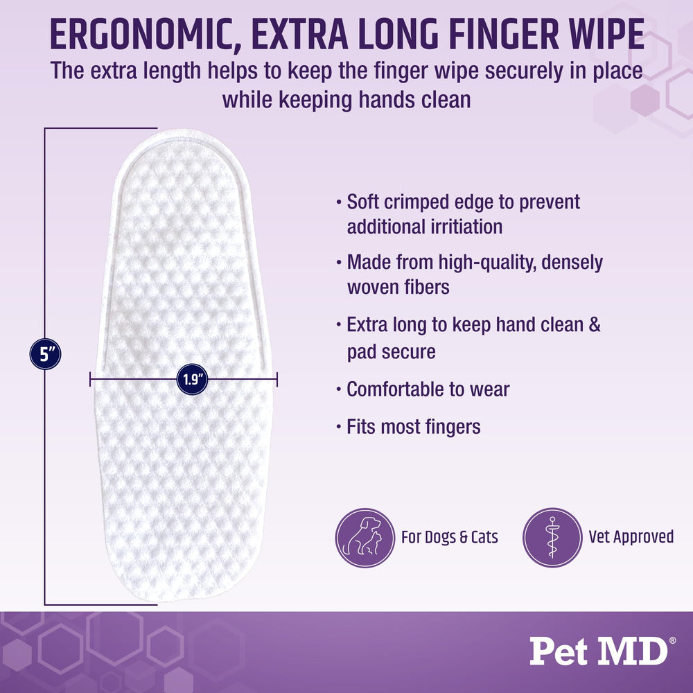 Pet MD Tris Ear Wipes, aplicación en dedo para mayor precisión.