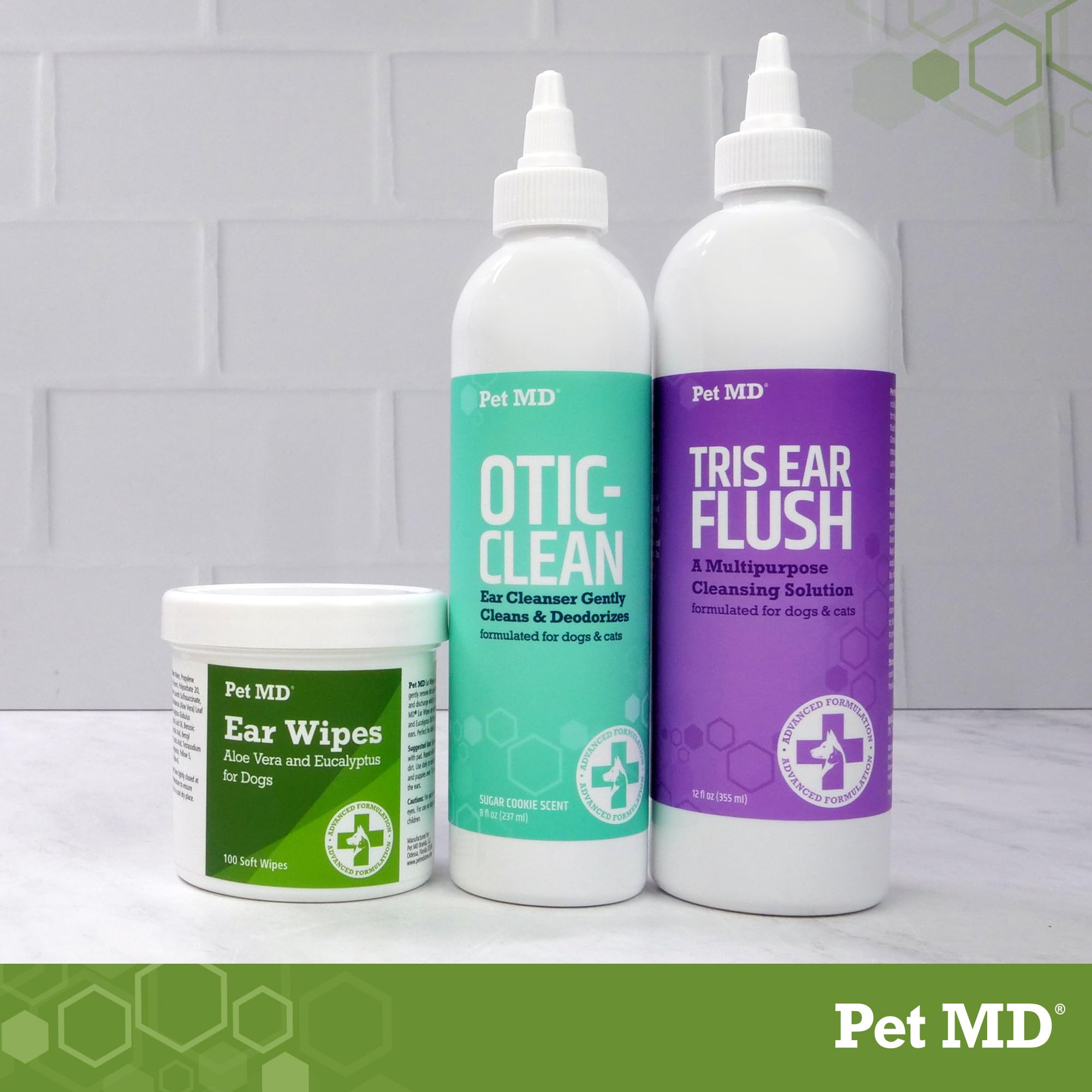 Pet MD Tris Flush, empaque listo para el cuidado de oídos de mascotas.