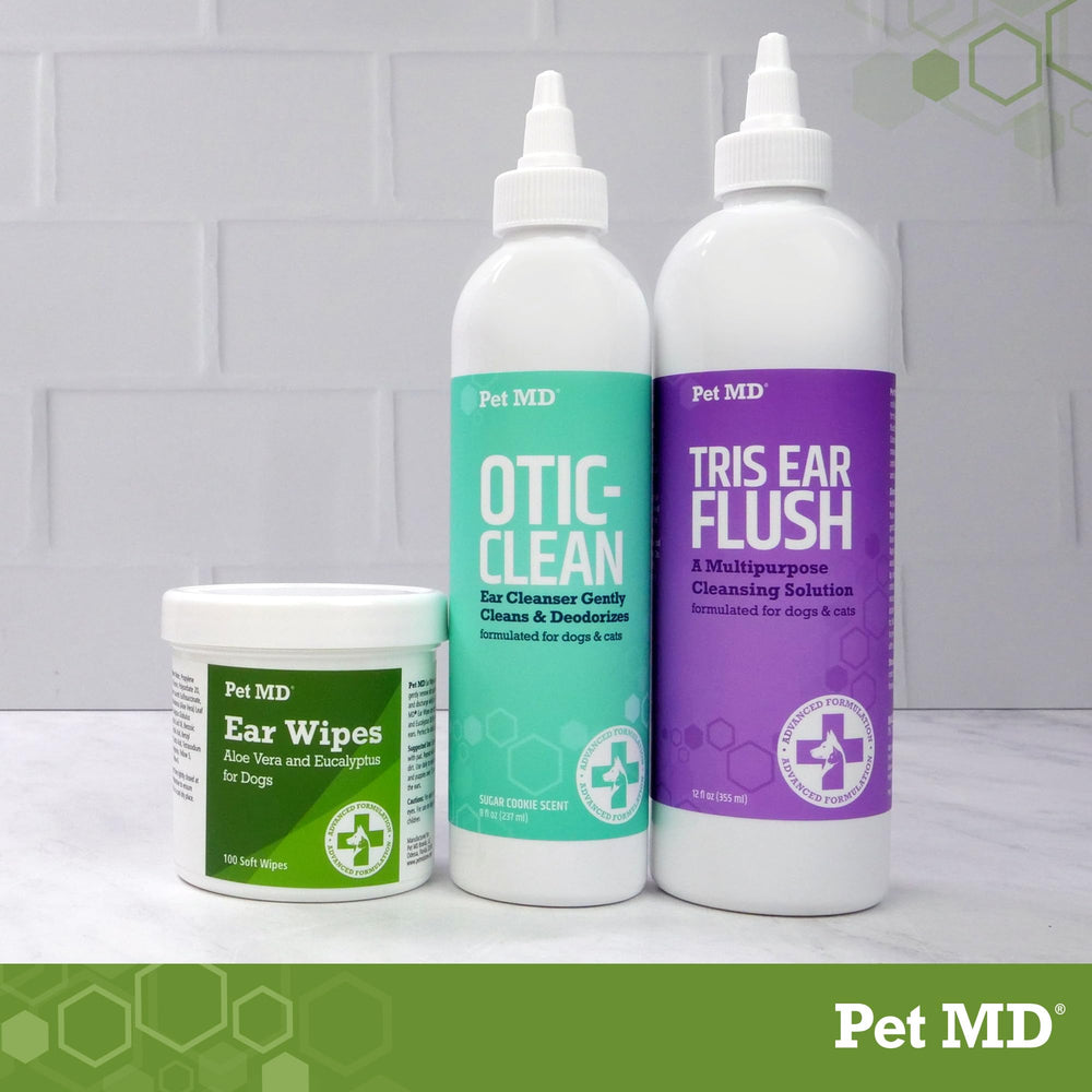 Pet MD Tris Flush, empaque listo para el cuidado de oídos de mascotas.