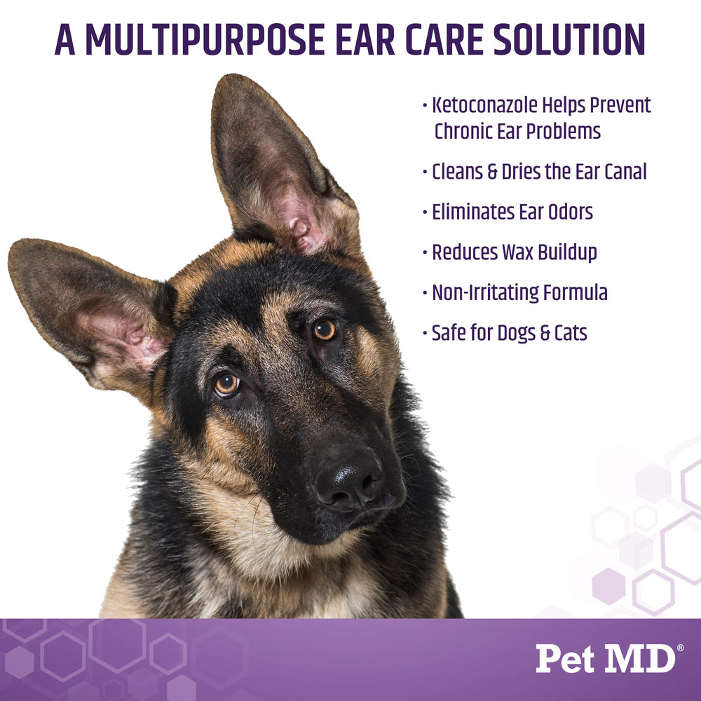 Pet MD Tris Flush, primer plano de oreja para higiene suave.