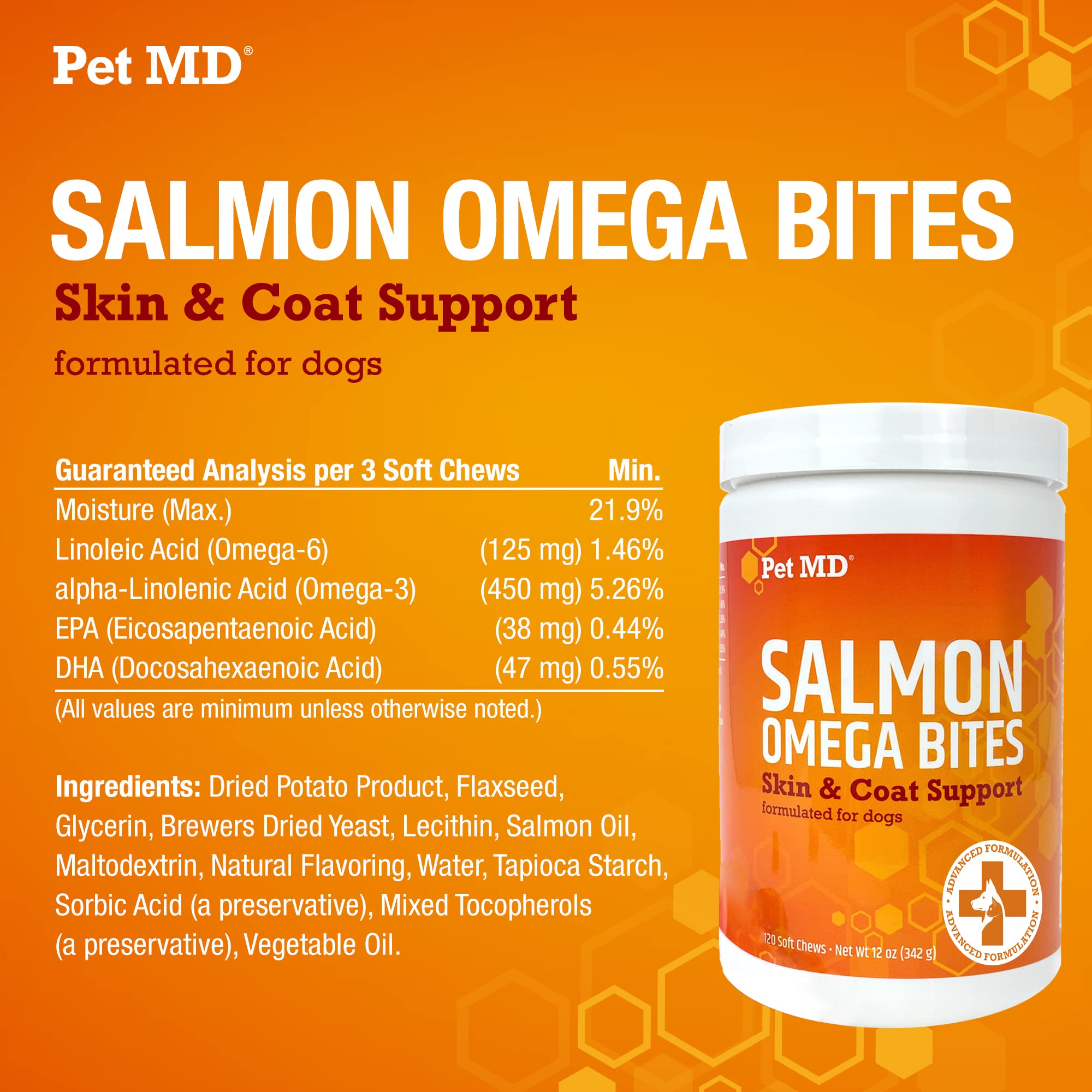 Pet MD Salmon Omega Bites para uso diario, refuerzo nutricional de piel y pelaje.