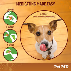 Pet MD Wrap A Pill: perro contento al tomar medicación.