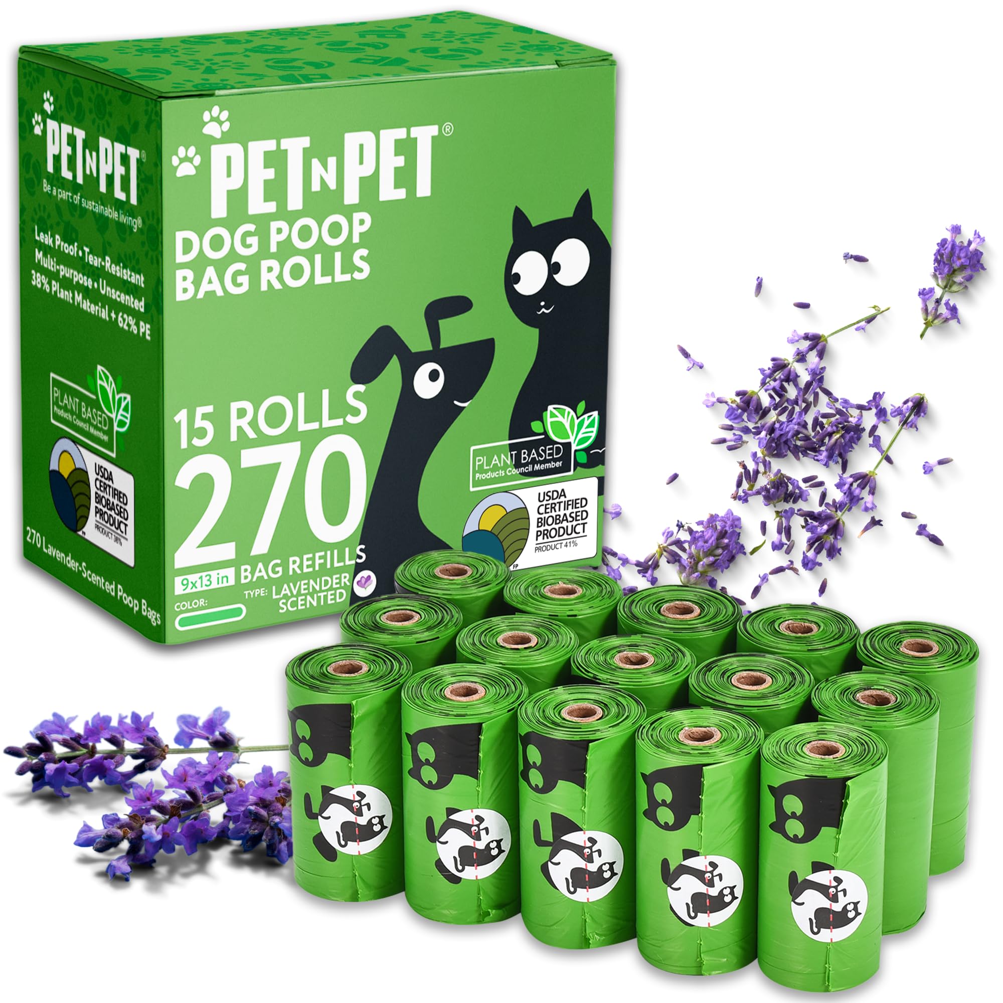 Pet N Pet bolsas de caca para perros, verde lavanda, aroma suave para paseos.