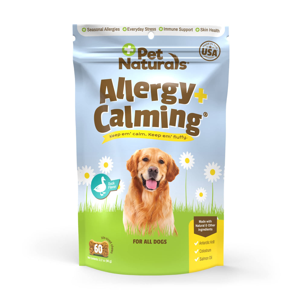 Pet Naturals Allergy Plus Calmante, empaque práctico para uso diario en perros.