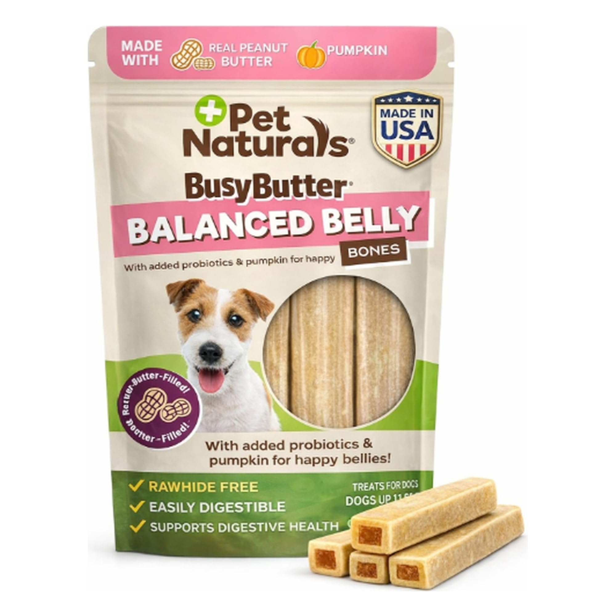 Pet Naturals BusyButter Balance Bones para perros pequeños, masticables y digestivos.