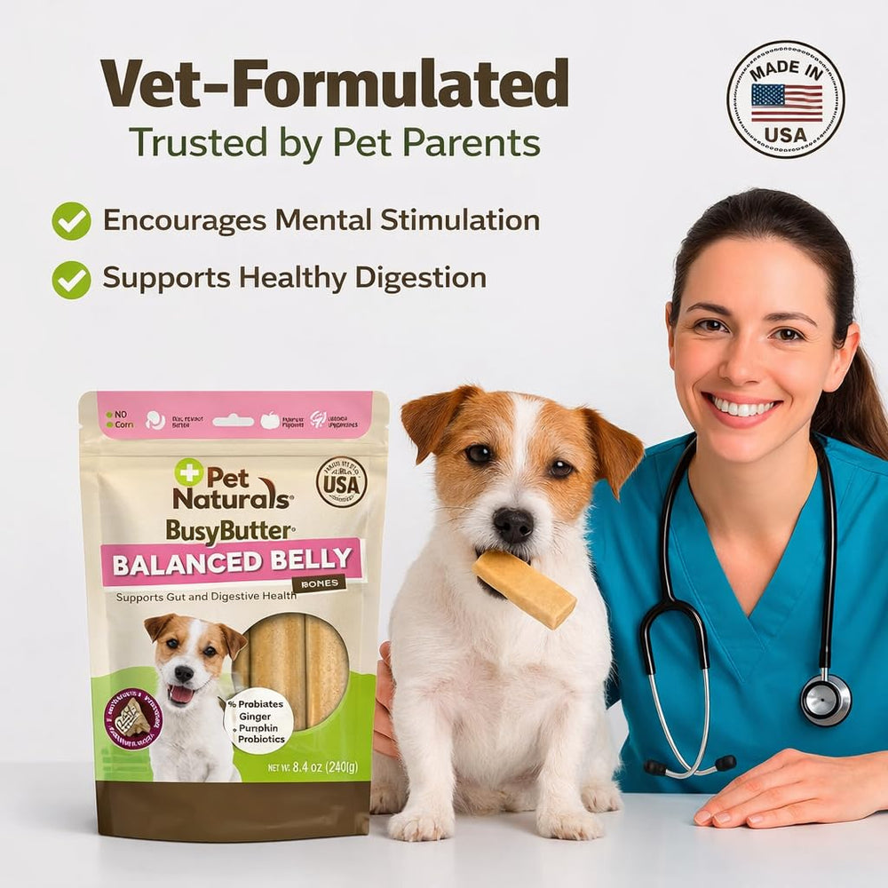Pet Naturals BusyButter Probioticos GanedenBC30 promueve la flora intestinal.
