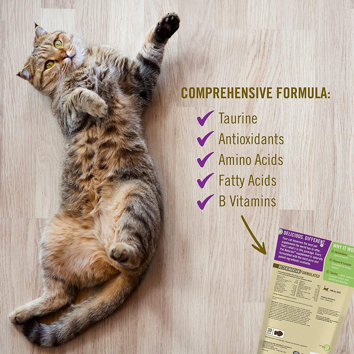 Pet Naturals multivitamínico diario, empaque frente, almacenamiento fácil y práctico.