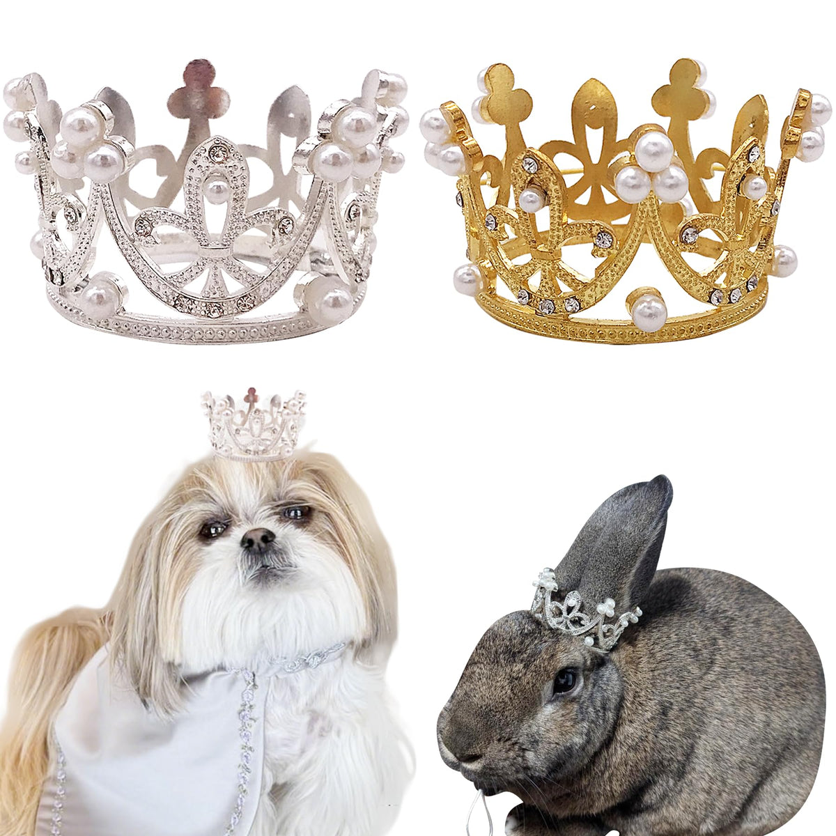 Corona dorada PET SHOW con brillo de piedras para perros pequeños, ideal para retratos.