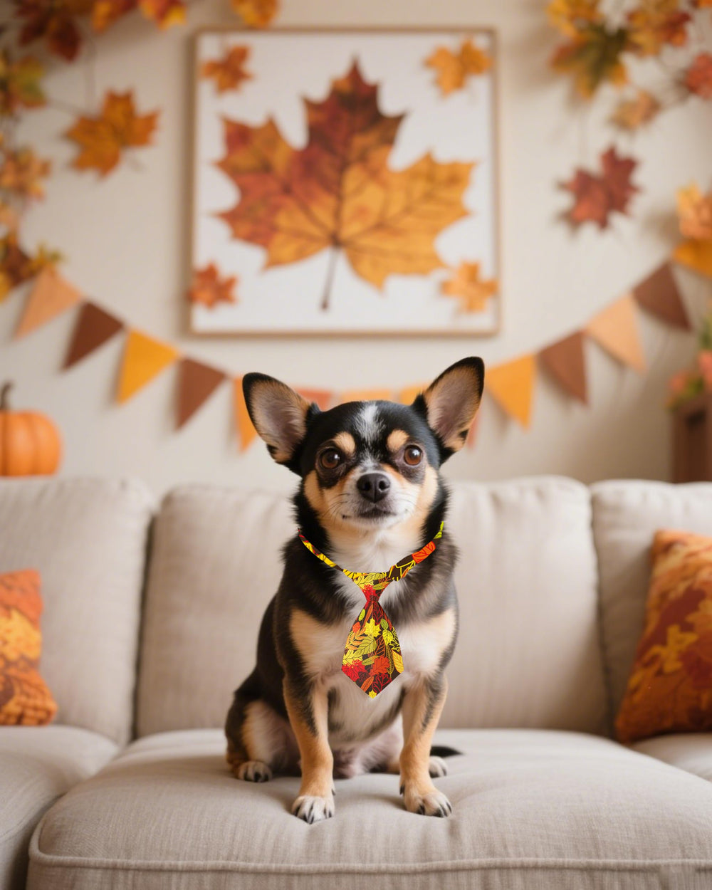 PET SHOW lazo con hojas de ginkgo en collar, look otoñal elegante.