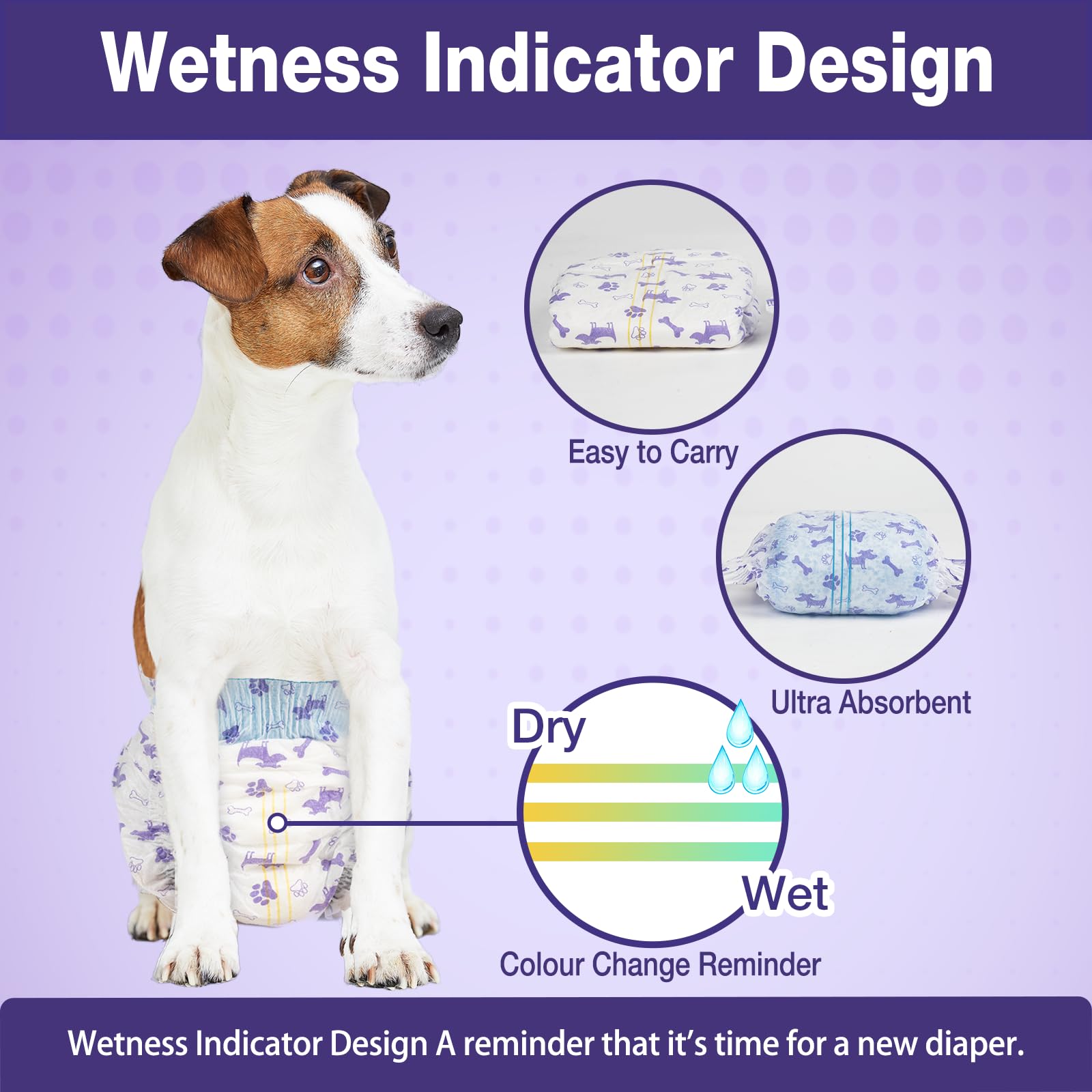 Pet Soft pañales con indicador de humedad — cambio de color útil para saber cuándo cambiar.