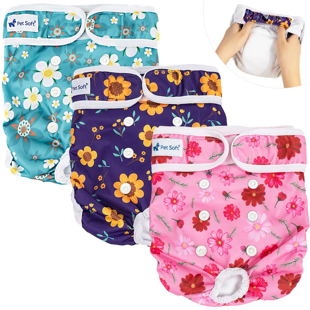 Pañales Pet Soft con patrones florales para perras, cómodos y reutilizables