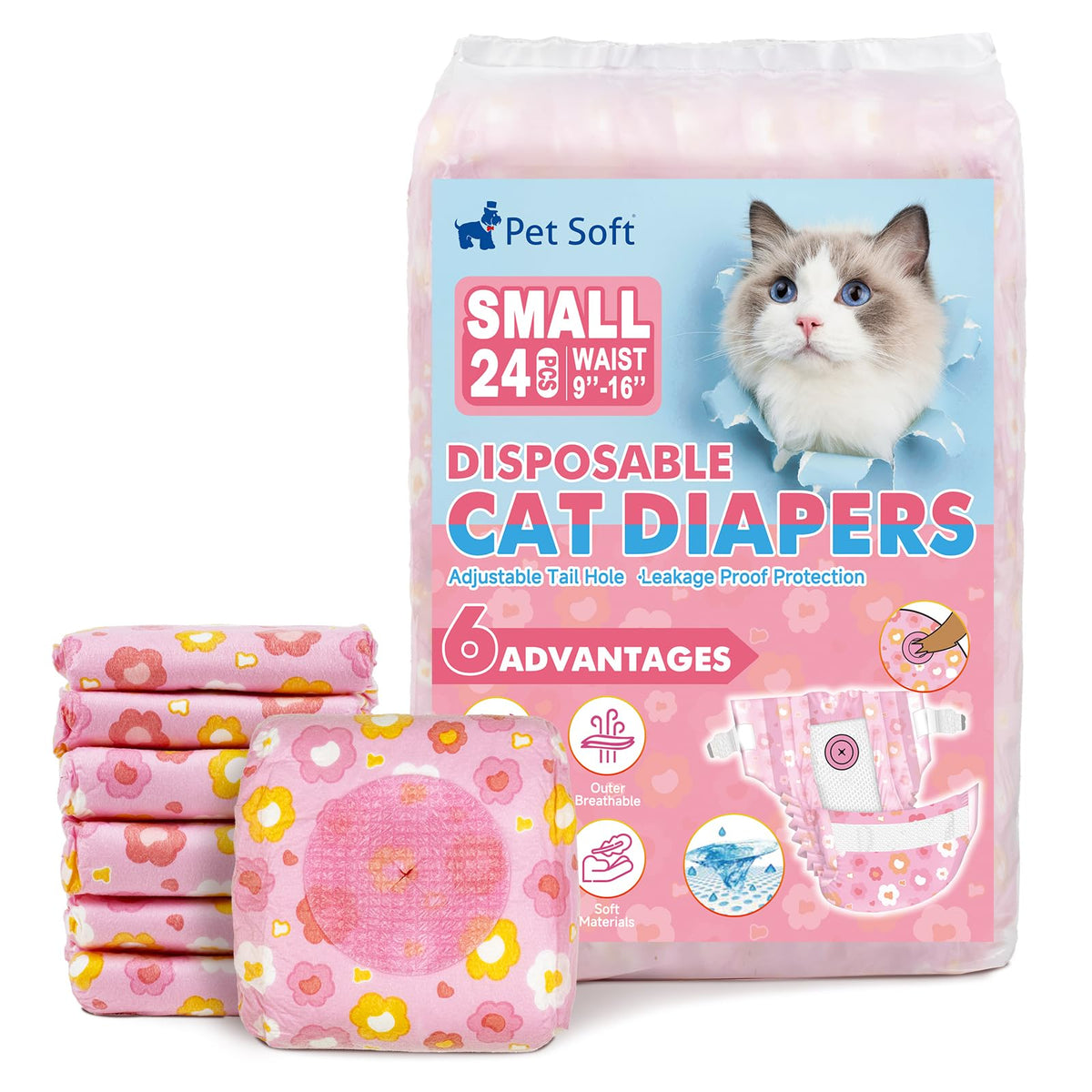 Pañales Pet Soft para gatos con diseño floral, confort diario.