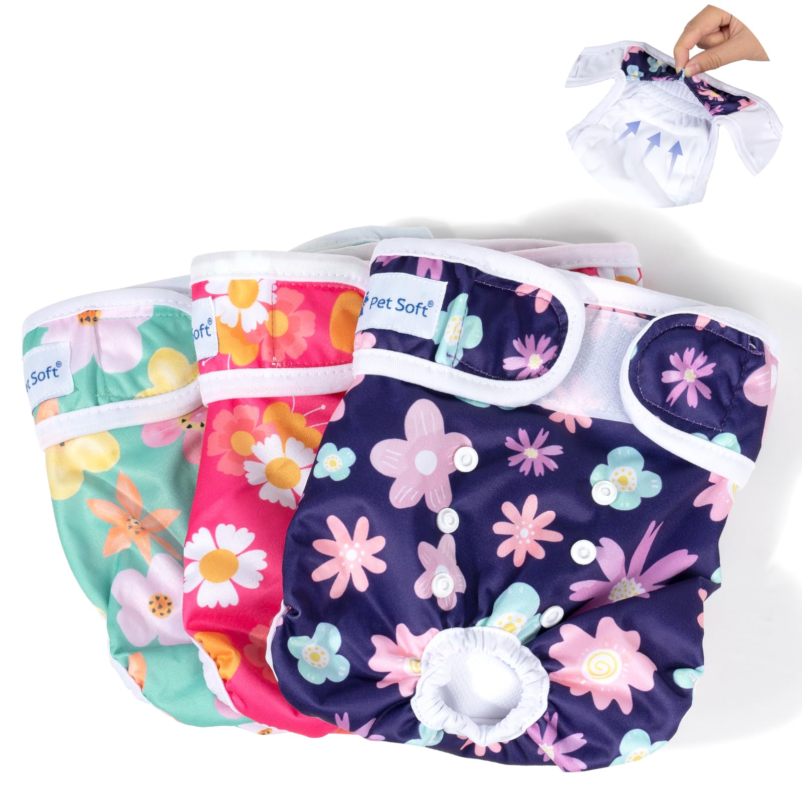 Pañales lavables Pet Soft para cintura 25-35 cm, cómodo para perritas pequeñas.