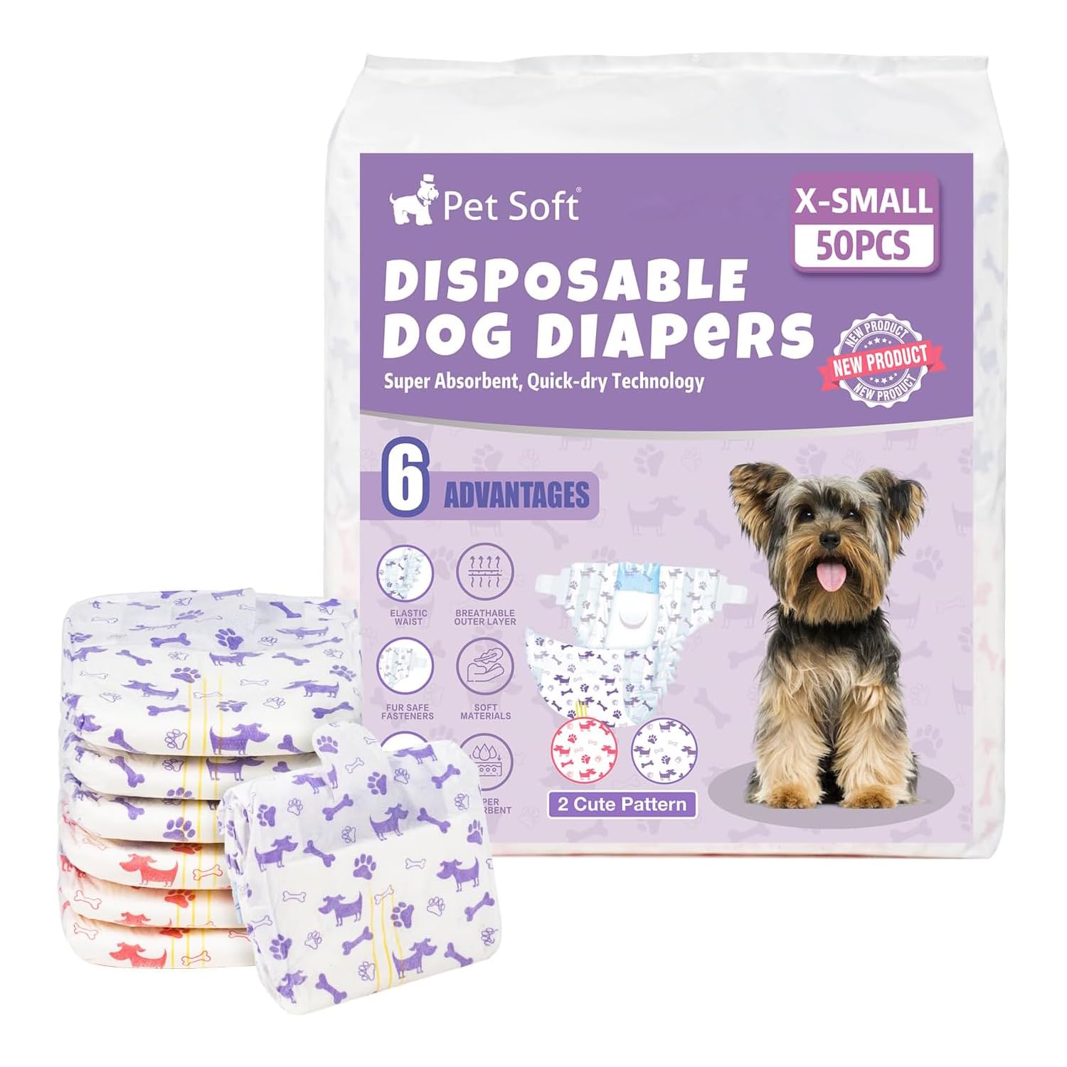 Pañales Pet Soft para perra XS con ajuste cómodo para razas pequeñas.