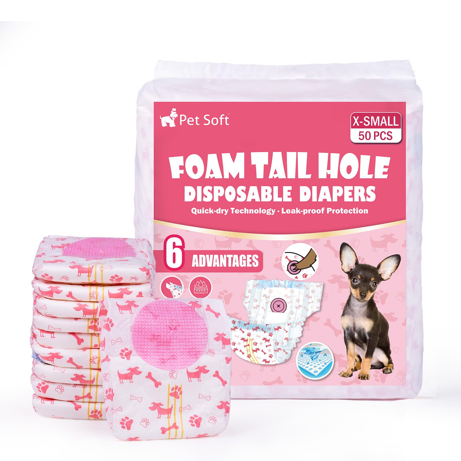 Pañales Pet Soft XS para perras, vista frontal y ajuste cómodo.