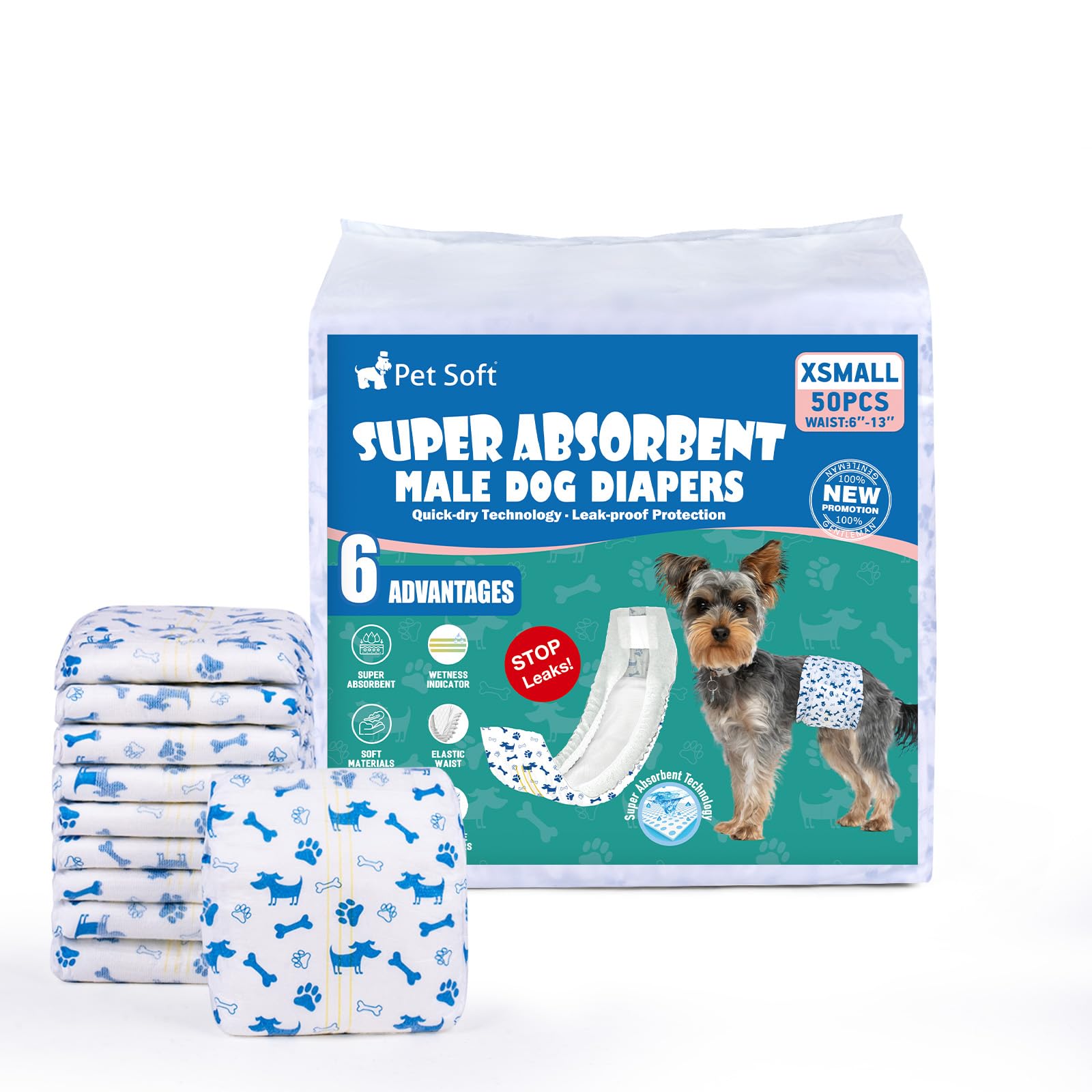 Panales Pet Soft para perro macho xsmall, empaque práctico y cómodo para uso diario.