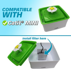 PET STANDARD filtros Catit MINI, detalle de reemplazo cada 2 a 4 semanas para agua fresca.