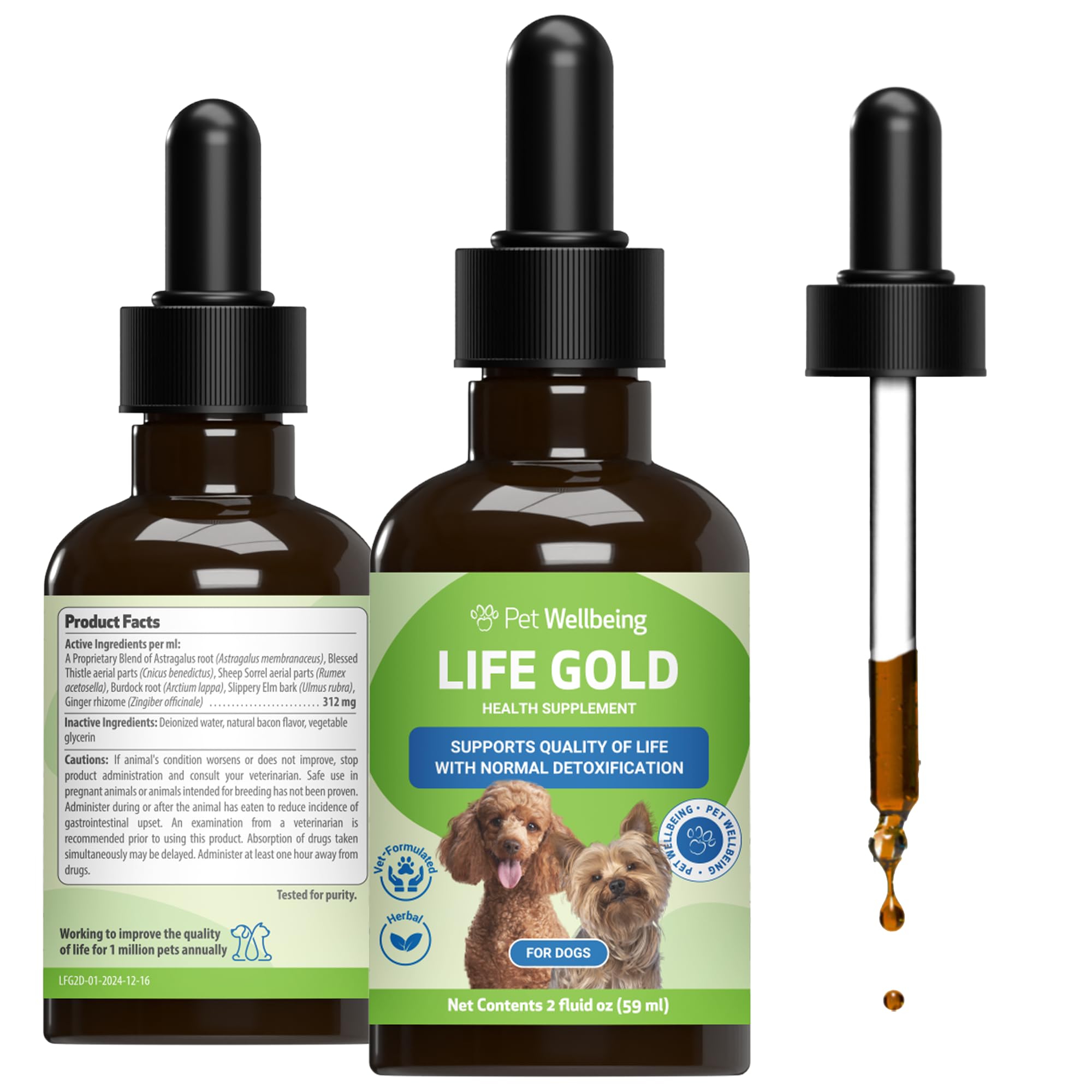 Pet Wellbeing Life Gold: presentación en frasco 2 oz para perros.