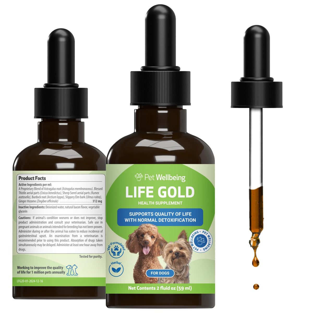 Pet Wellbeing Life Gold: presentación en frasco 2 oz para perros.