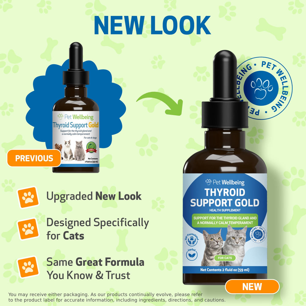 Pet Wellbeing Thyroid Support Gold frasco lleno, muestra etiqueta clara para identificar el producto.