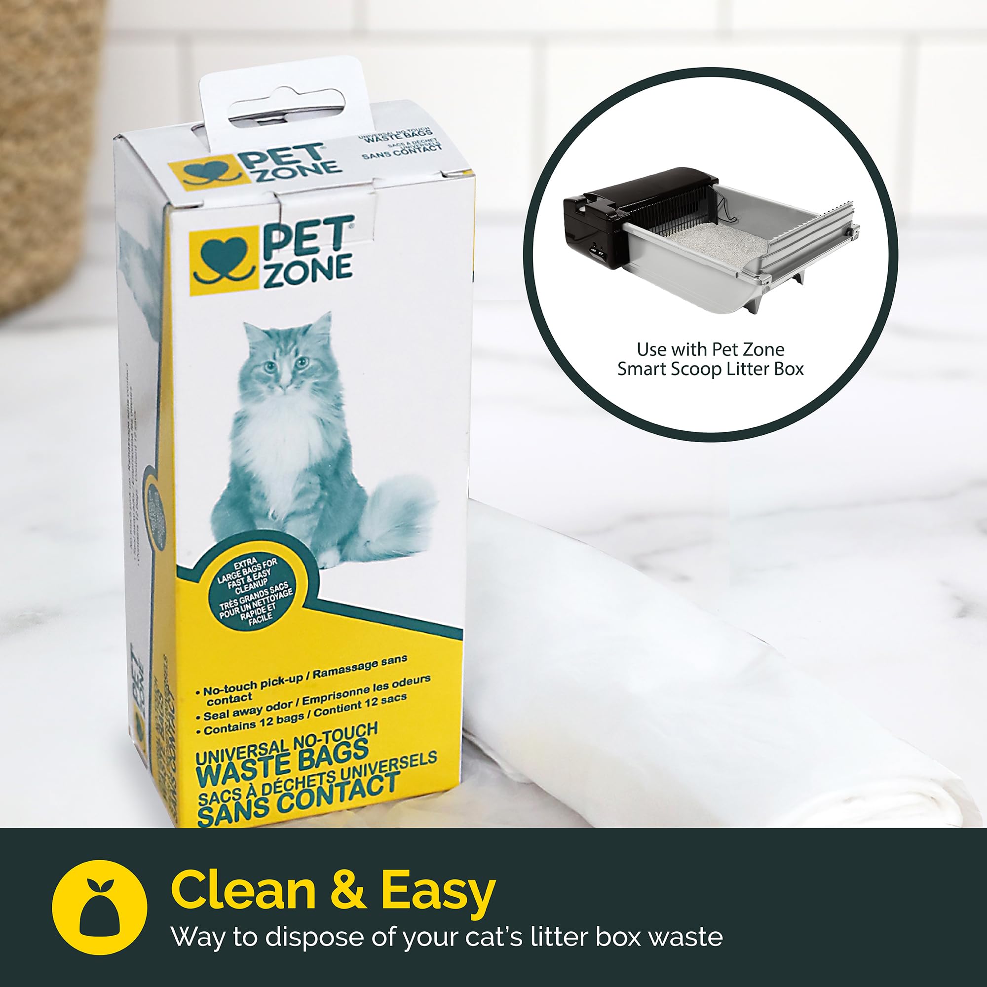 Pet Zone bolsas sin contacto para desechos de gato, higiene rápida y sin esfuerzo.