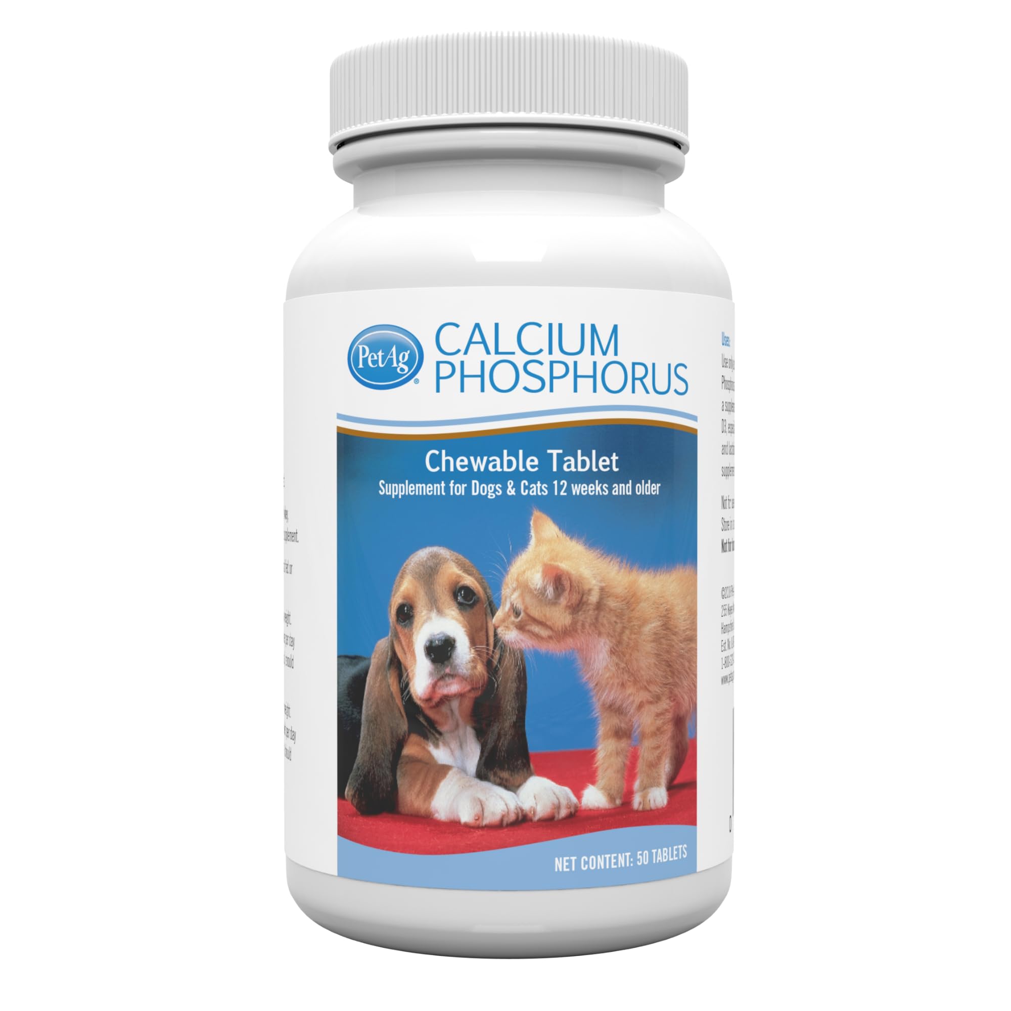 PetAg Calcio-Fósforo Tabletas-Empaque, fuente de nutrición ósea para mascotas.