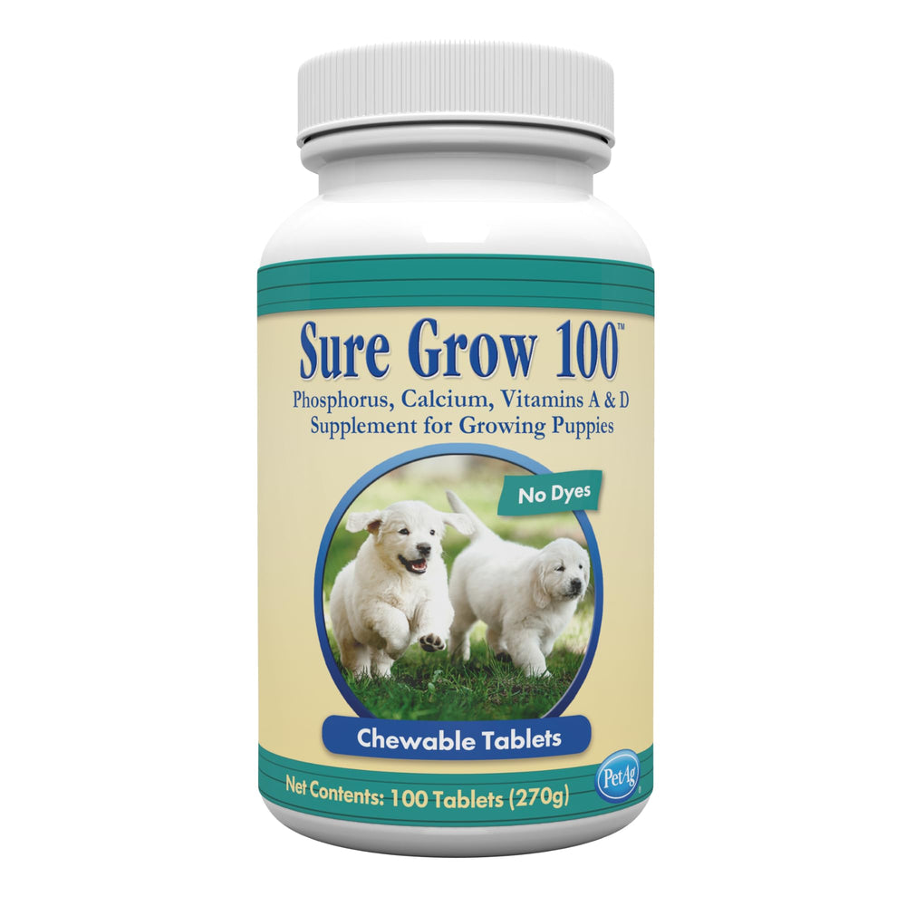PetAg Sure Grow 100: tabletas para cachorros en crecimiento que apoyan el desarrollo óseo.
