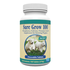 PetAg Sure Grow 100: tabletas para cachorros en crecimiento que apoyan el desarrollo óseo.
