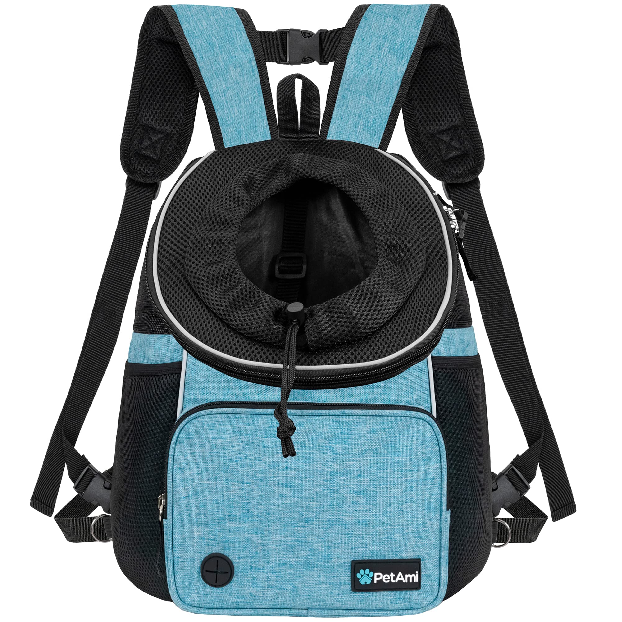 PetAmi portador frontal para mascotas en azul verdoso, transporte cómodo para caminatas.