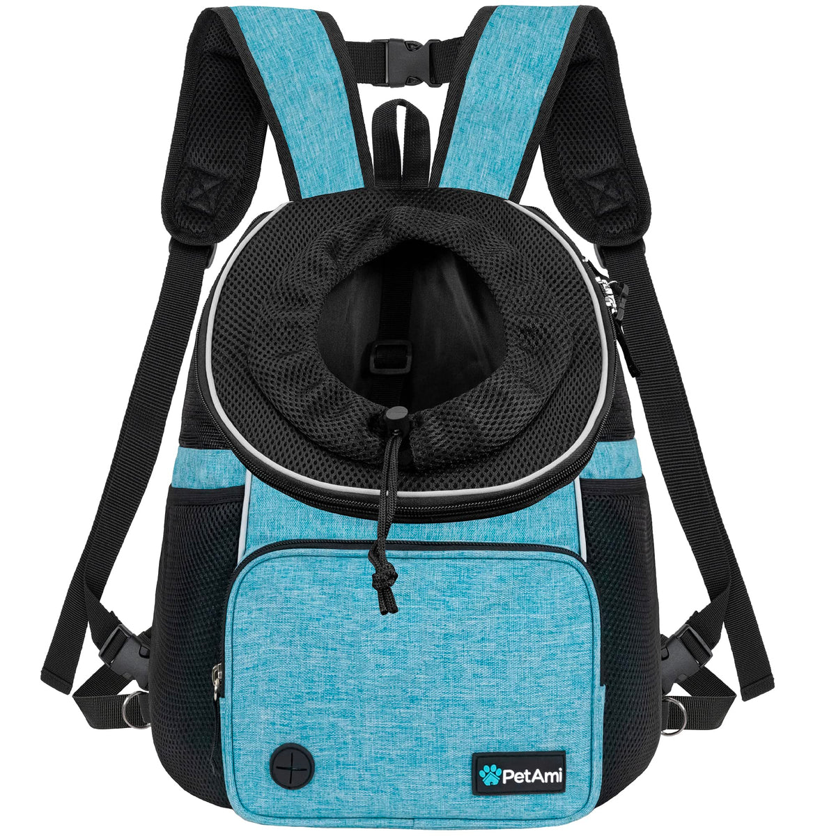 PetAmi portador frontal para mascotas en azul verdoso, transporte cómodo para caminatas.