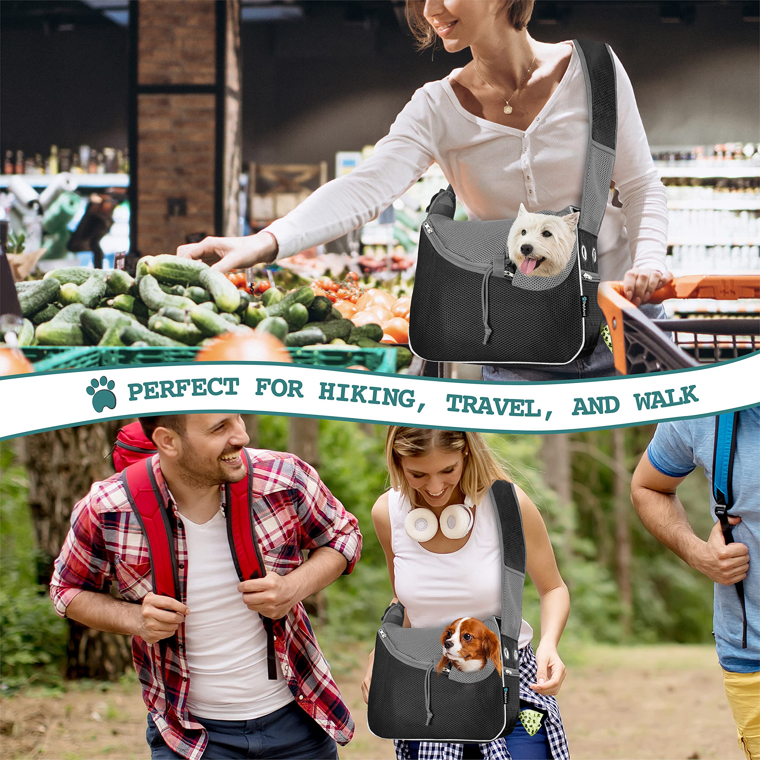 PetAmi Sling Carrier, cremallera doble reforzada, seguridad al entrar y salir
