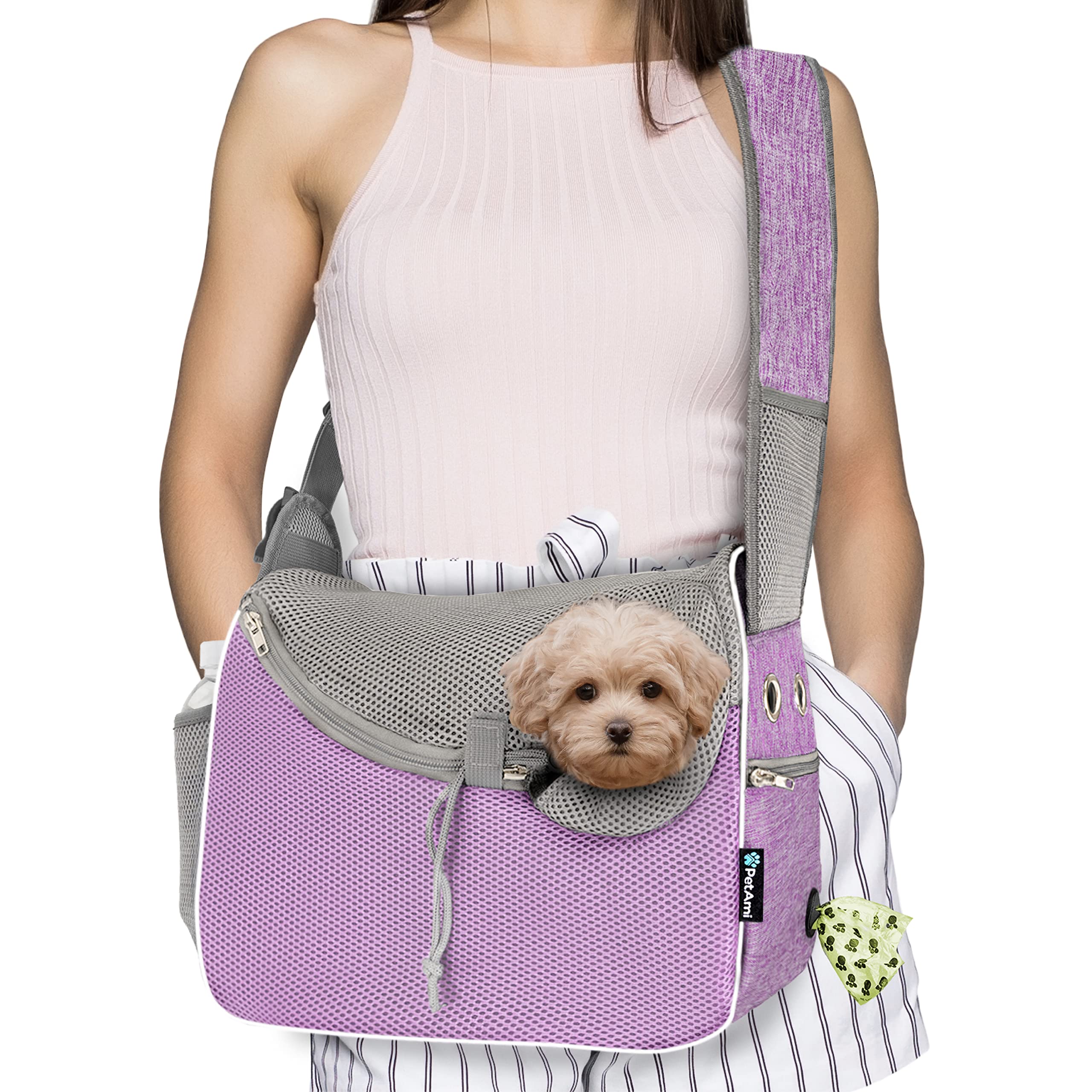 PetAmi sling para perro pequeño morado, vista frontal, cómodo para paseos cortos.